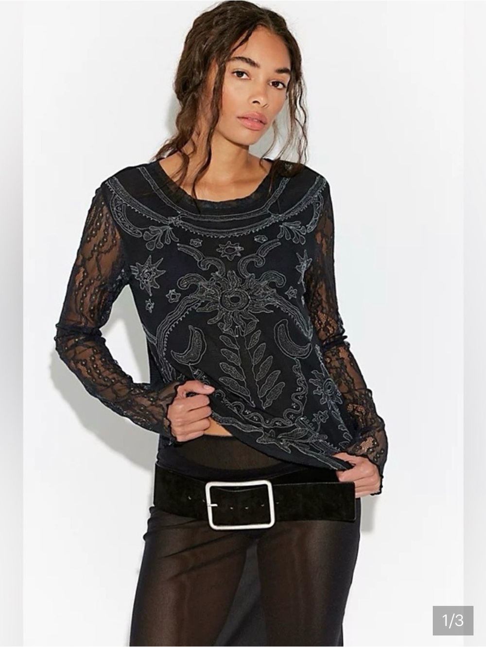 Free People Black Lace Embroidered Bell-Sleeve Top NWT $128